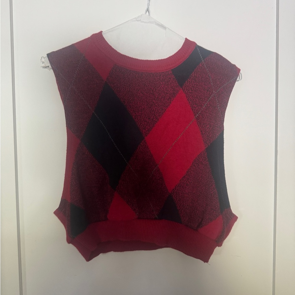 Red and Black Argyle Sleeveless Vest
